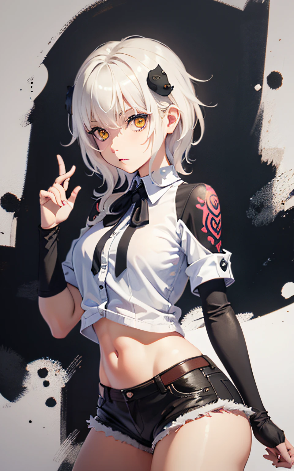 masterpiece, short shorts, masterpiece, best quality, highres, dark persona, watercolor painting theme, (looking at the viewer: 1.1), wide hips, big ass, standing, bent, tojou koneko, yellow eyes, white hair, short hair, hair ornament, white shirt, black ribbon on the neck, tattoo on the abdomen, lust tattoo,