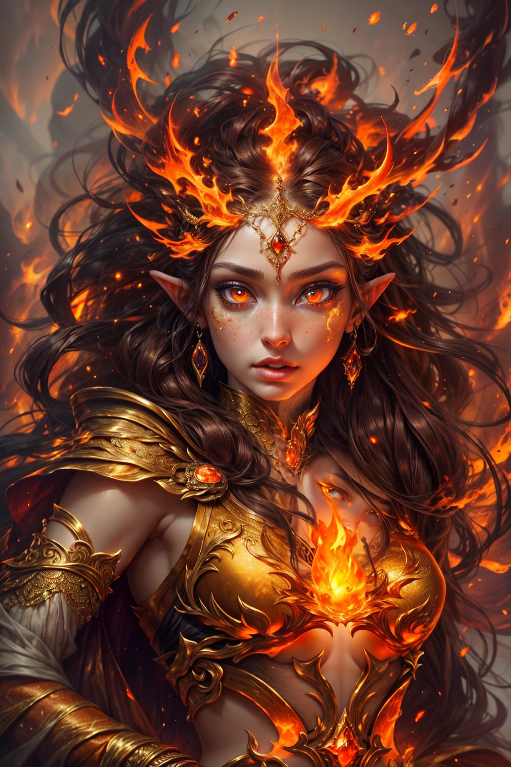 هذا (خيال واقعي) الفن يحتوي على الجمر, النيران الحقيقية, الحرارة الحقيقية, والنار واقعية. Generate a masterpiece artwork of a  female fire druid مع large (((البرتقالي والذهبي))) عيون. The fire druid is awe-inspiring مع beautiful ((realistic fiery عيون)) alight مع confidence and power. ملامحها أنيقة ومحددة بشكل جيد, مع ((منتفخ ناعم وقابل للتقبيل)) شفه, هيكل العظام الجان, وتظليل واقعي. Her عيون are important and should be the focal point of this artwork, مع ((تفاصيل واقعية للغاية, تفاصيل الماكرو, وميض.)) إنها ترتدي فستانًا منتفخًا ولامعًا مصنوعًا من لهب واقعي ومجوهرات تتلألأ في ضوء النار. تصطف خيوط النار والدخان على صد الفستان المعقد. تشمل المطبات, الحجارة, التقزح اللوني الناري, متوهجة الجمر, الحرير والساتان والجلود, خلفية مثيرة للاهتمام, وعناصر خيالية ثقيلة. آلة تصوير: استخدم تقنيات التركيب الديناميكي لتعزيز النيران الواقعية.