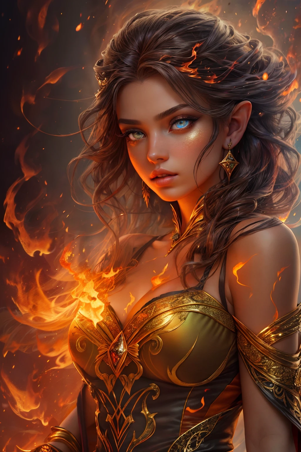 هذا (خيال واقعي) الفن يحتوي على الجمر, النيران الحقيقية, الحرارة الحقيقية, والنار واقعية. Generate a masterpiece artwork of a  female fire druid مع large (((البرتقالي والذهبي))) عيون. The fire druid is awe-inspiring مع beautiful ((realistic fiery عيون)) alight مع confidence and power. ملامحها أنيقة ومحددة بشكل جيد, مع ((منتفخ ناعم وقابل للتقبيل)) شفه, هيكل العظام الجان, وتظليل واقعي. Her عيون are important and should be the focal point of this artwork, مع ((تفاصيل واقعية للغاية, تفاصيل الماكرو, وميض.)) إنها ترتدي فستانًا منتفخًا ولامعًا مصنوعًا من لهب واقعي ومجوهرات تتلألأ في ضوء النار. تصطف خيوط النار والدخان على صد الفستان المعقد. تشمل المطبات, الحجارة, التقزح اللوني الناري, متوهجة الجمر, الحرير والساتان والجلود, خلفية مثيرة للاهتمام, وعناصر خيالية ثقيلة. آلة تصوير: استخدم تقنيات التركيب الديناميكي لتعزيز النيران الواقعية.