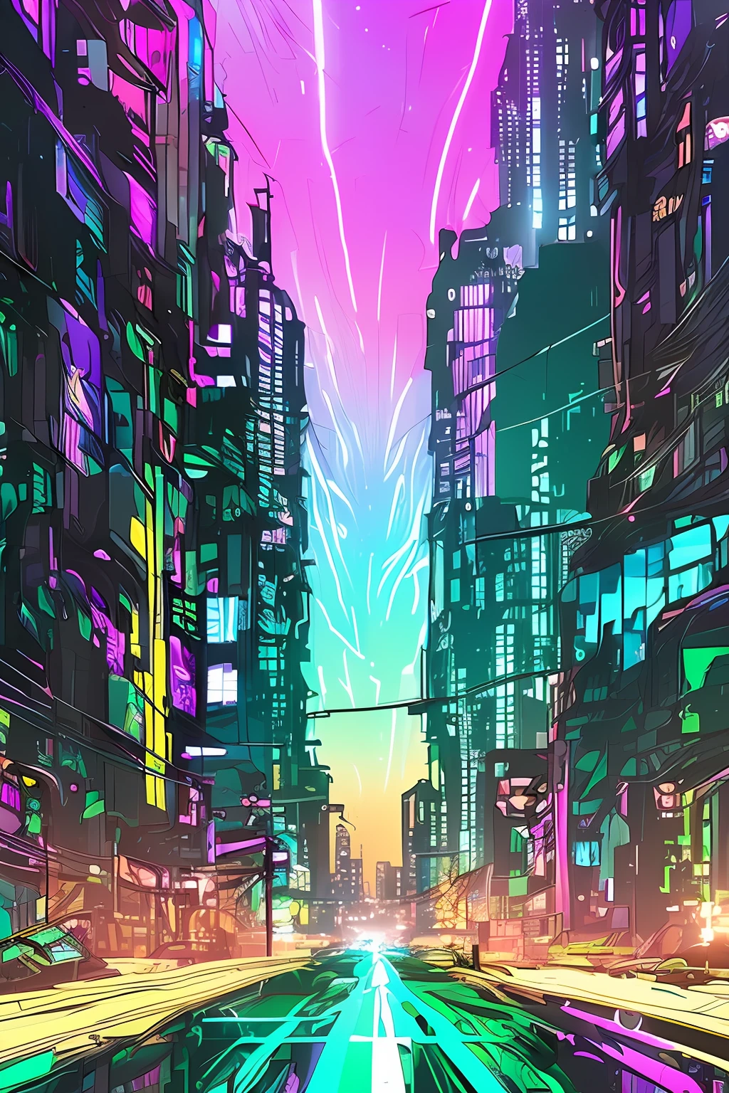 (samdoesarts:1.3), nvinkpunk, a photorealistic cyberpunk landscape, neo stars, lens flare, aurora borealis, cityscape, drawing, thick lines