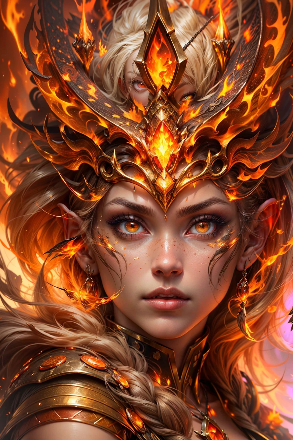 這 (現實幻想) 藝術包含餘燼, 真正的火焰, 真正的熱量, 和現實的火. Generate a masterpiece artwork of a  female fire druid 和 large (((橙色和金色))) 眼睛. The fire druid is awe-inspiring 和 beautiful ((realistic fiery 眼睛)) alight 和 confidence and power. 她的五官優雅且輪廓分明, 和 ((柔软蓬松，让人想亲吻)) 嘴唇, 精靈骨骼結構, 和真實的陰影. Her 眼睛 are important and should be the focal point of this artwork, 和 ((極為真實的細節, 宏觀細節, 和微光.)) 她穿著一件由逼真的火焰和珠寶製成的飄逸閃閃發光的連身裙，在火光下閃閃發光. 禮服錯綜複雜的衣身上佈滿了縷縷火焰和煙霧. 包括凹凸, 石头, 火紅的虹彩, 發光的餘燼, 絲綢、緞子和皮革, 有趣的背景, 以及濃重的奇幻元素. 相机: 利用動態構圖技術增強真實的火焰.