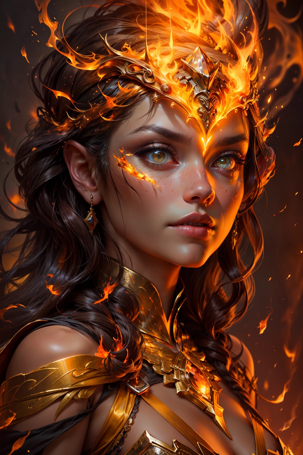 This (realistic fantasy) art contains embers, real flames, real heat, and realistic fire. Generate a masterpiece artwork of a  female fire druid with large (((orange and gold))) eyes. The fire druid is awe-inspiring with beautiful ((realistic fiery eyes)) alight with confidence and power. Her features are elegant and well defined, with ((soft puffy and kissable)) lips, elven bone structure, and realistic shading. Her eyes are important and should be the focal point of this artwork, with ((extremely realistic details, macro details, and shimmer.)) She is wearing a billowing and glittering dress made of realistic flames and jewels that glimmer in the fire light. Wisps of fire and smoke line the intricate bodice of the dress. Include bumps, stones, fiery iridescence, glowing embers, silk and satin and leather, an interesting background, and heavy fantasy elements. Camera: Utilize dynamic composition techniques to enhance the realistic flames.