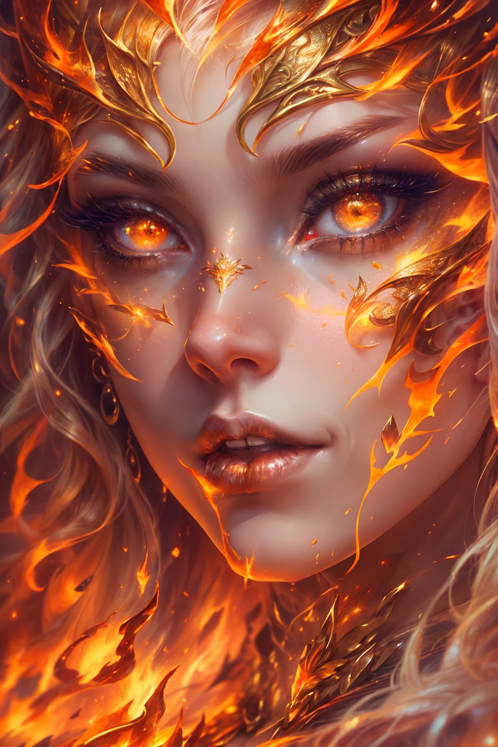 這 (現實幻想) 藝術包含餘燼, 真正的火焰, 真正的熱量, 和現實的火. Generate a masterpiece artwork of a  female fire druid 和 large (((橙色和金色))) 眼睛. The fire druid is awe-inspiring 和 beautiful ((realistic fiery 眼睛)) alight 和 confidence and power. 她的五官優雅且輪廓分明, 和 ((柔軟而浮腫的嘴唇)), 精靈骨骼結構, 和真實的陰影. Her 眼睛 are important and should be the focal point of this artwork, 和 ((極為真實的細節, 宏觀細節, 和微光.)) 她穿著一件由逼真的火焰和珠寶製成的飄逸閃閃發光的連身裙，在火光下閃閃發光. 禮服錯綜複雜的衣身上佈滿了縷縷火焰和煙霧. 包括凹凸, 石头, 火紅的虹彩, 發光的餘燼, 絲綢、緞子和皮革, 有趣的背景, 以及濃重的奇幻元素. 相机: 利用動態構圖技術增強真實的火焰.
