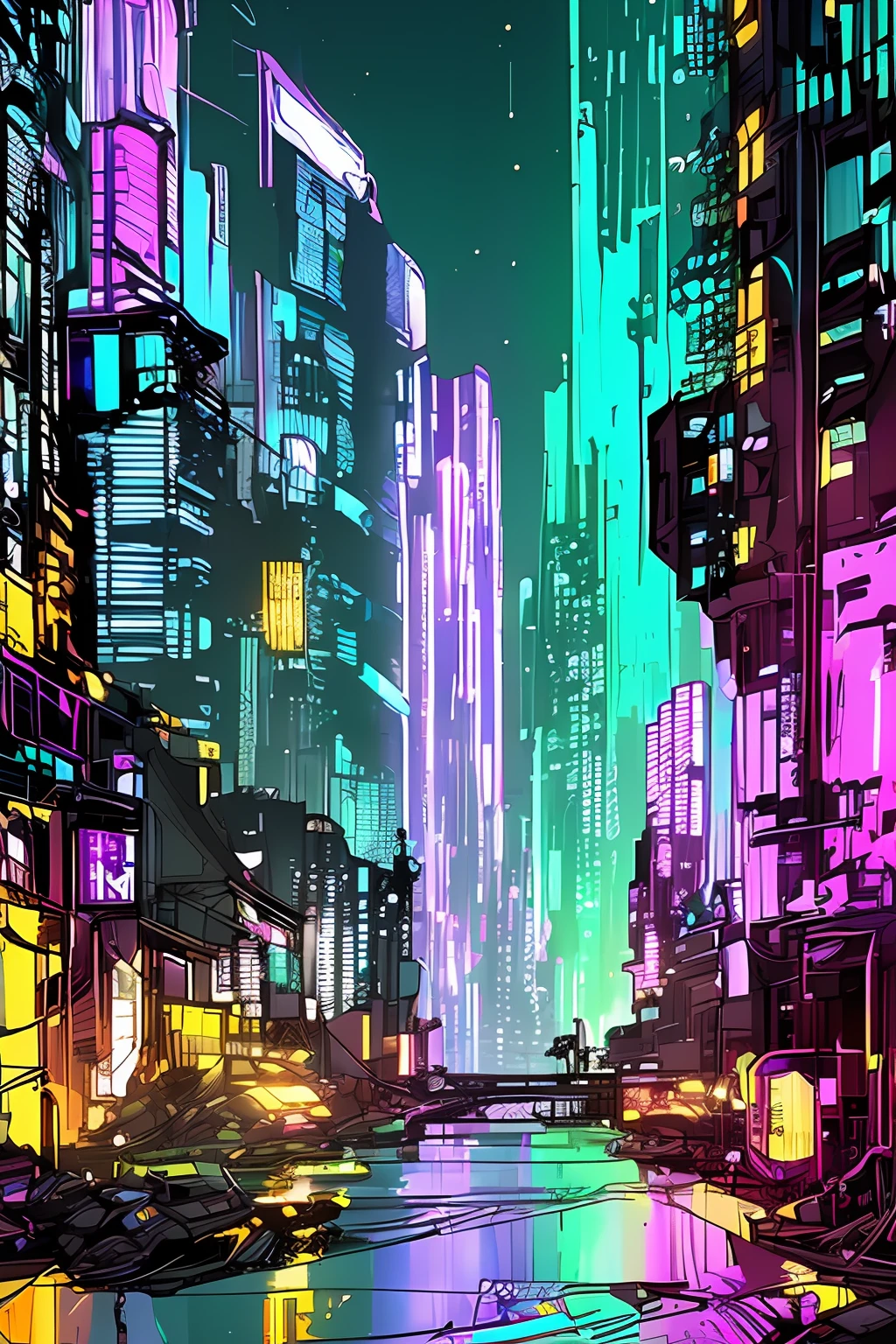 (samdoesarts:1.3), nvinkpunk, a photorealistic cyberpunk landscape, neo stars, lens flare, aurora borealis, cityscape, drawing, thick lines