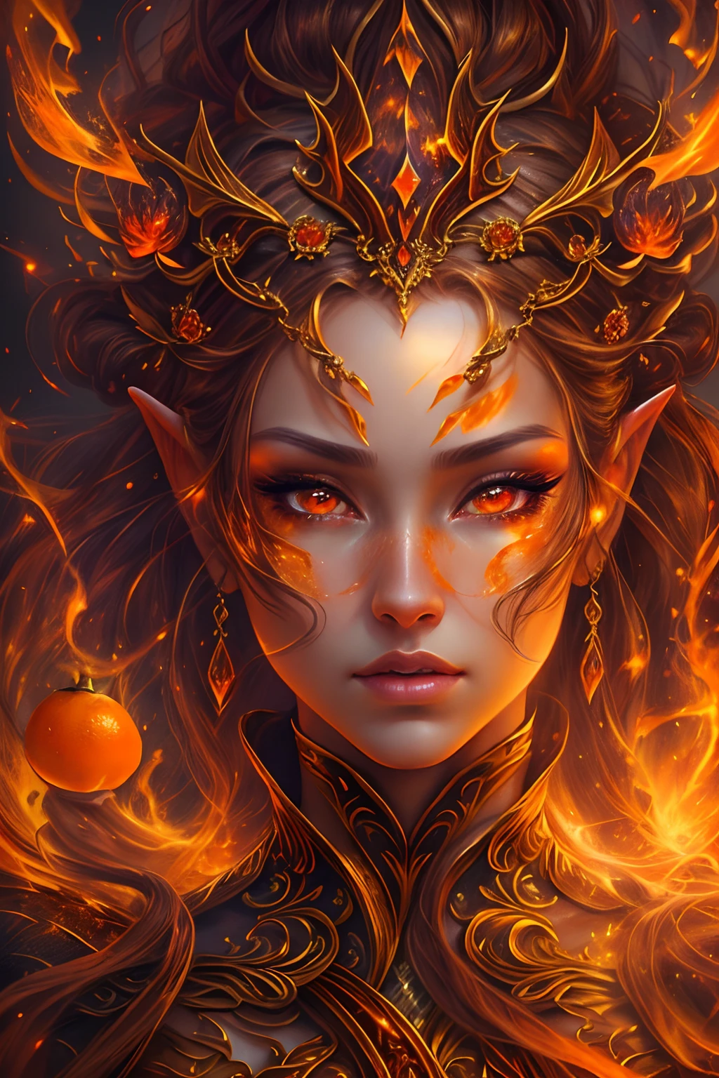 これ (現実的なファンタジー) 芸術には残り火が含まれている, 本物の炎, 本当の熱, リアルな火. Generate a masterpiece artwork of a  female fire druid と large (((オレンジとゴールド))) 目. The fire druid is awe-inspiring と beautiful ((realistic fiery 目)) alight と confidence and power. 彼女の顔立ちは優雅ではっきりしている, と ((柔らかくふっくらとした唇)), エルフの骨格, リアルな陰影. Her 目 are important and should be the focal point of this artwork, と ((非常にリアルなディテール, マクロの詳細, きらめき.)) 彼女は、炎の光の中できらめく本物の炎と宝石で作られた、ふわふわと輝くドレスを着ています。. ドレスの複雑な胴体部分には火と煙の線が描かれている. バンプを含める, 石, 燃えるような虹彩, 燃える残り火, シルク、サテン、革, 興味深い背景, ファンタジー要素が強い. カメラ: ダイナミックな構成技術を活用して、リアルな炎を強調します.