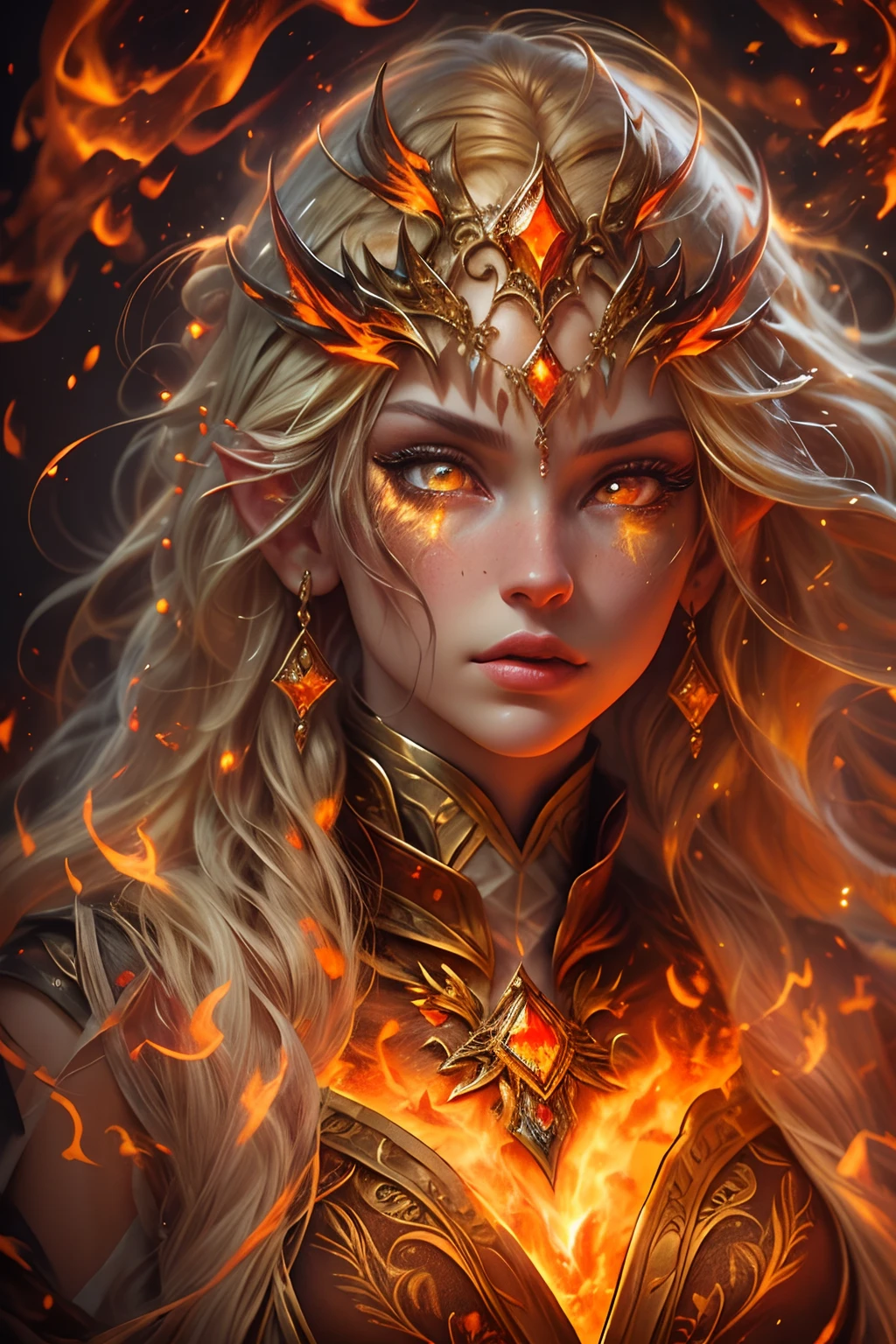 This (realistic fantasy) art contains embers, real flames, real heat, and realistic fire. Generate a masterpiece artwork of a  female fire druid with large (((orange and gold))) eyes. The fire druid is awe-inspiring with beautiful ((realistic fiery eyes)) alight with confidence and power. Her features are elegant and well defined, with ((soft and puffy lips)), elven bone structure, and realistic shading. Her eyes are important and should be the focal point of this artwork, with ((extremely realistic details, macro details, and shimmer.)) She is wearing a billowing and glittering dress made of realistic flames and jewels that glimmer in the fire light. Wisps of fire and smoke line the intricate bodice of the dress. Include bumps, stones, fiery iridescence, glowing embers, silk and satin and leather, an interesting background, and heavy fantasy elements. Camera: Utilize dynamic composition techniques to enhance the realistic flames.