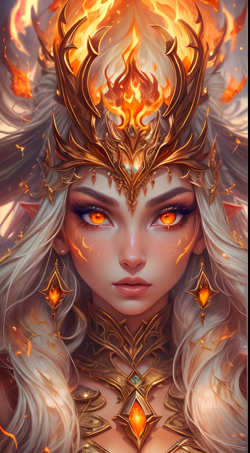 This (realistic fantasy) art contains embers, real flames, real heat, and realistic fire. Generate a masterpiece artwork of a petite female fire druid with large (((orange and gold))) eyes. The fire druid is awe-inspiring with beautiful ((realistic fiery eyes)) alight with confidence and power. Her features are elegant and well defined, with ((soft and puffy lips)), elven bone structure, and realistic shading. Her eyes are important and should be the focal point of this artwork, with ((extremely realistic details, macro details, and shimmer.)) She is wearing a billowing and glittering dress made of realistic flames and jewels that glimmer in the fire light. Wisps of fire and smoke line the intricate bodice of the dress. Include bumps, stones, fiery iridescence, glowing embers, silk and satin and leather, an interesting background, and heavy fantasy elements. Camera: Utilize dynamic composition techniques to enhance the realistic flames.