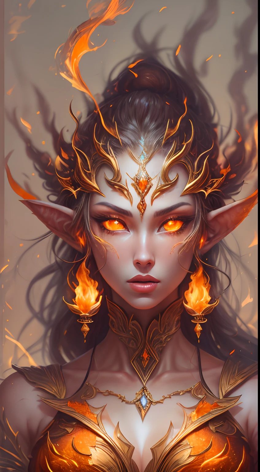 这 (现实的幻想) 艺术包含余烬, 真正的火焰, 真正的热量, 和逼真的火焰. Generate a masterpiece artwork of a  female fire druid 和 large (((橙色和金色))) 眼睛. The fire druid is awe-inspiring 和 beautiful ((realistic fiery 眼睛)) alight 和 confidence and power. 她的五官优雅而轮廓分明, 和 ((柔软而丰满的嘴唇)), 精灵骨骼结构, 和逼真的阴影. Her 眼睛 are important and should be the focal point of this artwork, 和 ((极其逼真的细节, 宏详细信息, 和闪光.)) 她穿着一件闪闪发光的裙子，裙子由逼真的火焰和珠宝制成，在火光中闪闪发光. 一缕缕火焰和烟雾勾勒出礼服精致的胸衣线条. 包括颠簸, 石头, 火红的彩虹色, 发光的余烬, 丝绸、缎子和皮革, 有趣的背景, 以及浓重的奇幻元素. 相机: 利用动态构图技术来增强火焰的真实感.