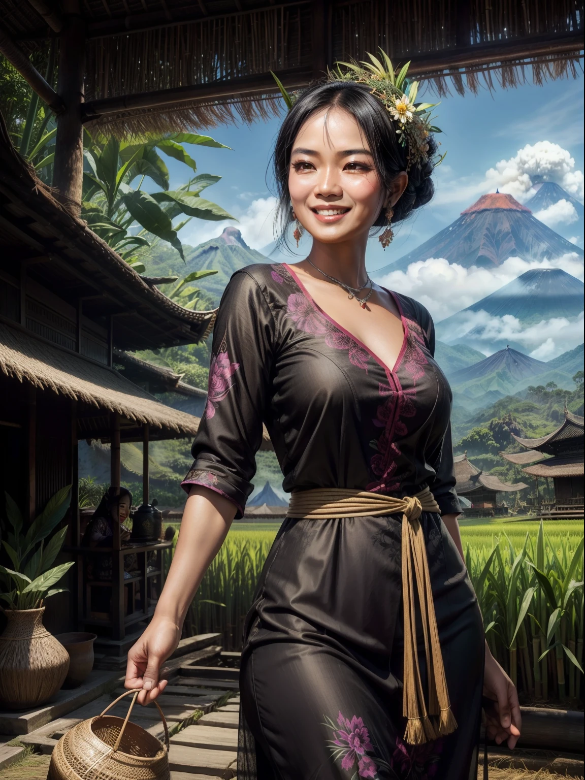 schwarzhaarige indonesische Reisbäuerin trägt Kebaya-Kleid mit einem glücklichen Gesicht und leichtem Lachen, Pflege sie gerade dabei, Reis auf ihrem riesigen Reisfeld mit wunderschönen Vulkan im Hintergrund zu ernten, Bambushütte und Bambuswald, ein episches Meisterwerk der hyperrealistischen Digitalkunst von Frank Bellamy, Professionelle Farbkorrektur durch Kenneth Hines Jr.. , 80's European Color Comic Style