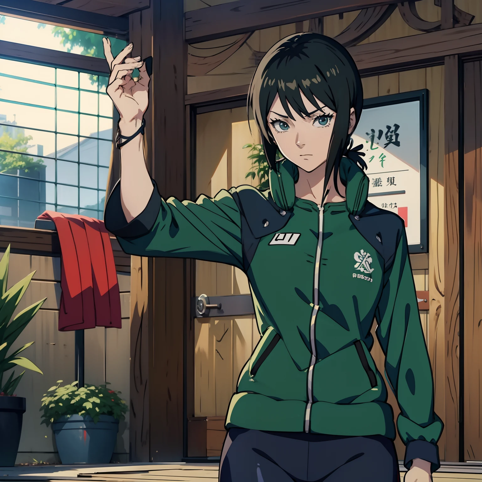 anime character with a green jacket, blue leggings, a red scarf;, inspirado em Rei Kamoi, terno asuka sob a roupa!, Fubuki, inspirado em Tomioka Tessai, inspirado em Kamisaka Sekka, wearing a tracksuit, Posando de personagem JoJo, inspirado em Maki Haku, inspirado em Un'ichi Hiratsuka, cabelo preto curto