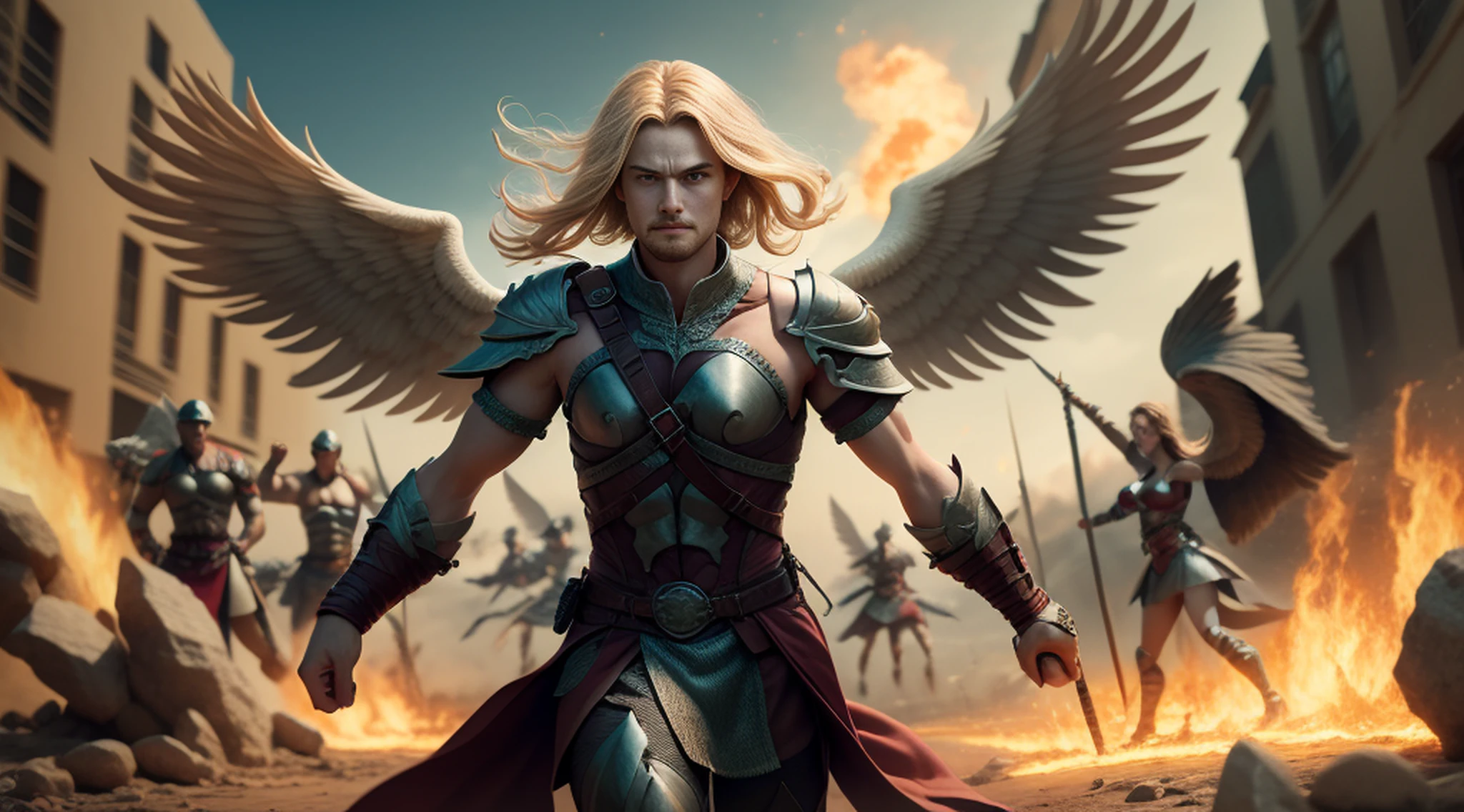 Create an image of an archangel with four large wings who is leading an army of angels to fight the forces of evil in an epic battle. He has a flaming sword in one hand and a shield in the other, and his face is determined and courageous. UHD, high details, super detail, best quality, 8k