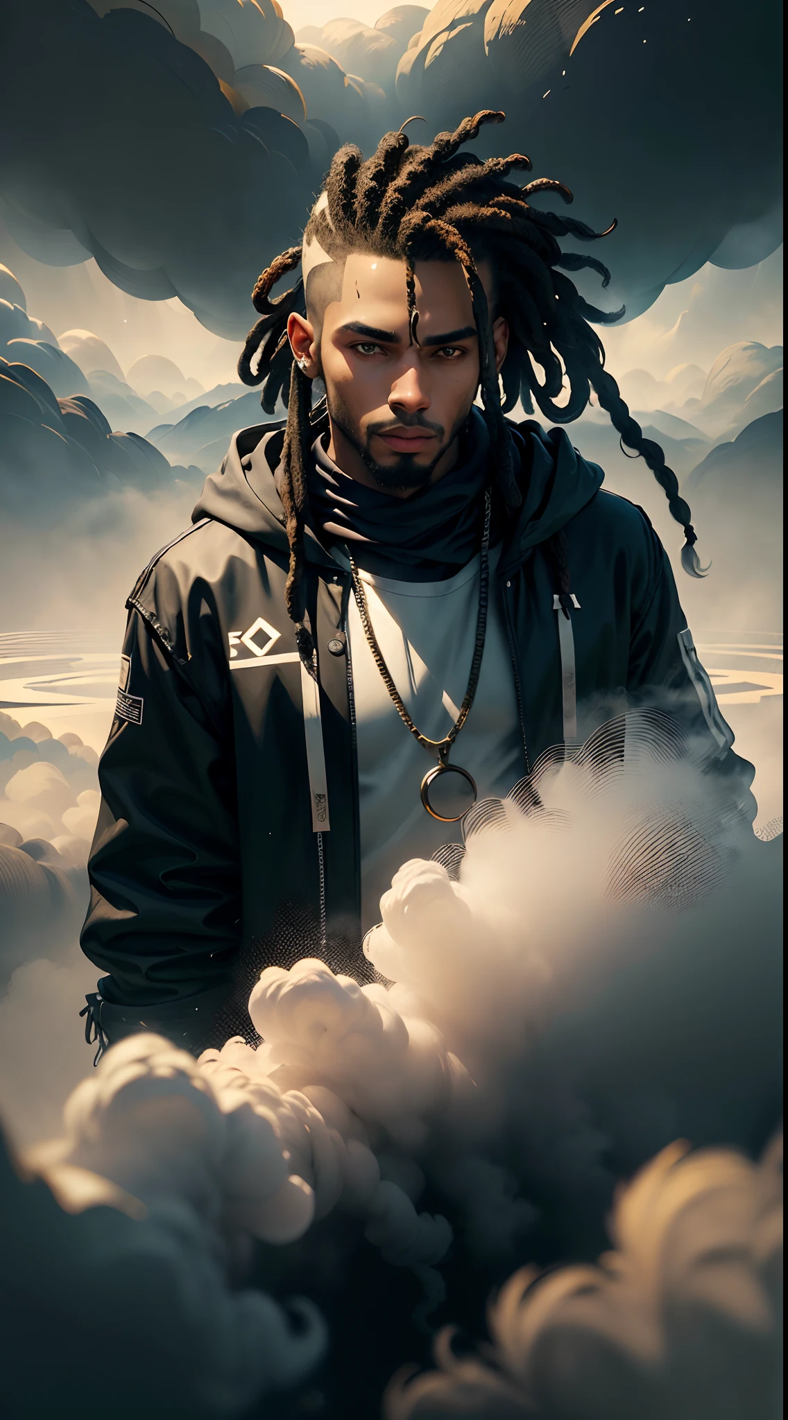 1rapper com cabelo dread, completely white modern outfit with black stripes, FOG, detailed and realistic image, Amazing composition with vintage scenery with abstract shapes, hyper realist, professional photograpy. expressive pose