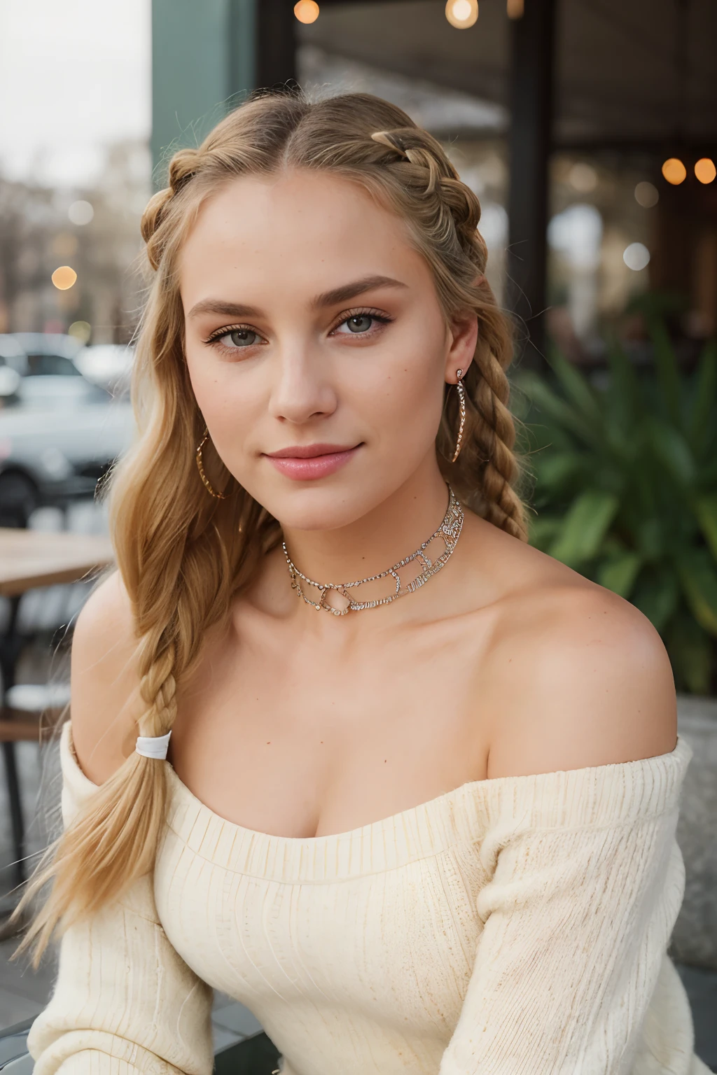 RAW, analog, Nikon Z 85mm, award winning glamour photograph,((best quality)), ((masterpiece)), ((realistic)), 18th century, KarolinaDemy:0.9 piercing eyes, looking straight, very happy, blonde hair, quad braids, wearing an off-shoulder sweater, choker, closeup portrait, in a outdoor cafe in 2015, afternoon light,