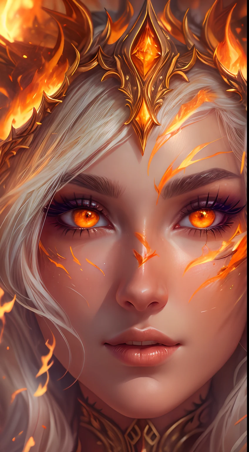 This (realistic fantasy) art contains embers, real flames, real heat, and realistic fire. Generate a masterpiece artwork of a  female fire druid with large (((orange and gold))) eyes. The fire druid is awe-inspiring with beautiful ((realistic fiery eyes)) alight with confidence and power. Her features are elegant and well defined, with ((soft and puffy lips)), elven bone structure, and realistic shading. Her eyes are important and should be the focal point of this artwork, with ((extremely realistic details, macro details, and shimmer.)) She is wearing a billowing and glittering dress made of realistic flames and jewels that glimmer in the fire light. Wisps of fire and smoke line the intricate bodice of the dress. Include bumps, stones, fiery iridescence, glowing embers, silk and satin and leather, an interesting background, and heavy fantasy elements. Camera: Utilize dynamic composition techniques to enhance the realistic flames.