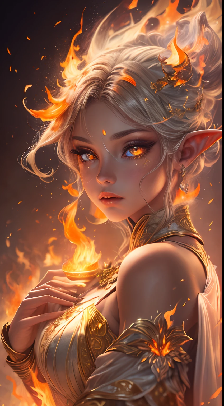 นี้ (แฟนตาซีที่สมจริง) ศิลปะประกอบด้วยถ่าน, เปลวไฟจริง, ความร้อนที่แท้จริง, และไฟที่สมจริง. Generate a masterpiece artwork of a  female fire druid กับ large (((สีส้มและสีทอง))) ดวงตา. The fire druid is awe-inspiring กับ beautiful ((realistic fiery ดวงตา)) alight กับ confidence and power. คุณสมบัติของเธอดูสง่างามและมีการกำหนดไว้อย่างดี, กับ ((ริมฝีปากนุ่มและบวม)), โครงสร้างกระดูกของเอลฟ์, และการแรเงาที่สมจริง. Her ดวงตา are important and should be the focal point of this artwork, กับ ((รายละเอียดที่สมจริงอย่างยิ่ง, รายละเอียดมาโคร, และระยิบระยับ.)) เธอสวมชุดเดรสระยิบระยับระยิบระยับที่ทำจากเปลวไฟและอัญมณีที่สมจริงซึ่งเปล่งประกายท่ามกลางแสงไฟ. ควันไฟและควันพลุ่งพล่านบนเสื้อท่อนบนอันประณีตของชุด. รวมการกระแทก, หิน, แสงสีรุ้งที่เร่าร้อน, ถ่านเรืองแสง, ผ้าไหมและผ้าซาตินและเครื่องหนัง, พื้นหลังที่น่าสนใจ, และองค์ประกอบแฟนตาซีอันหนักหน่วง. กล้อง: ใช้เทคนิคการจัดองค์ประกอบแบบไดนามิกเพื่อเพิ่มเปลวไฟที่สมจริง.