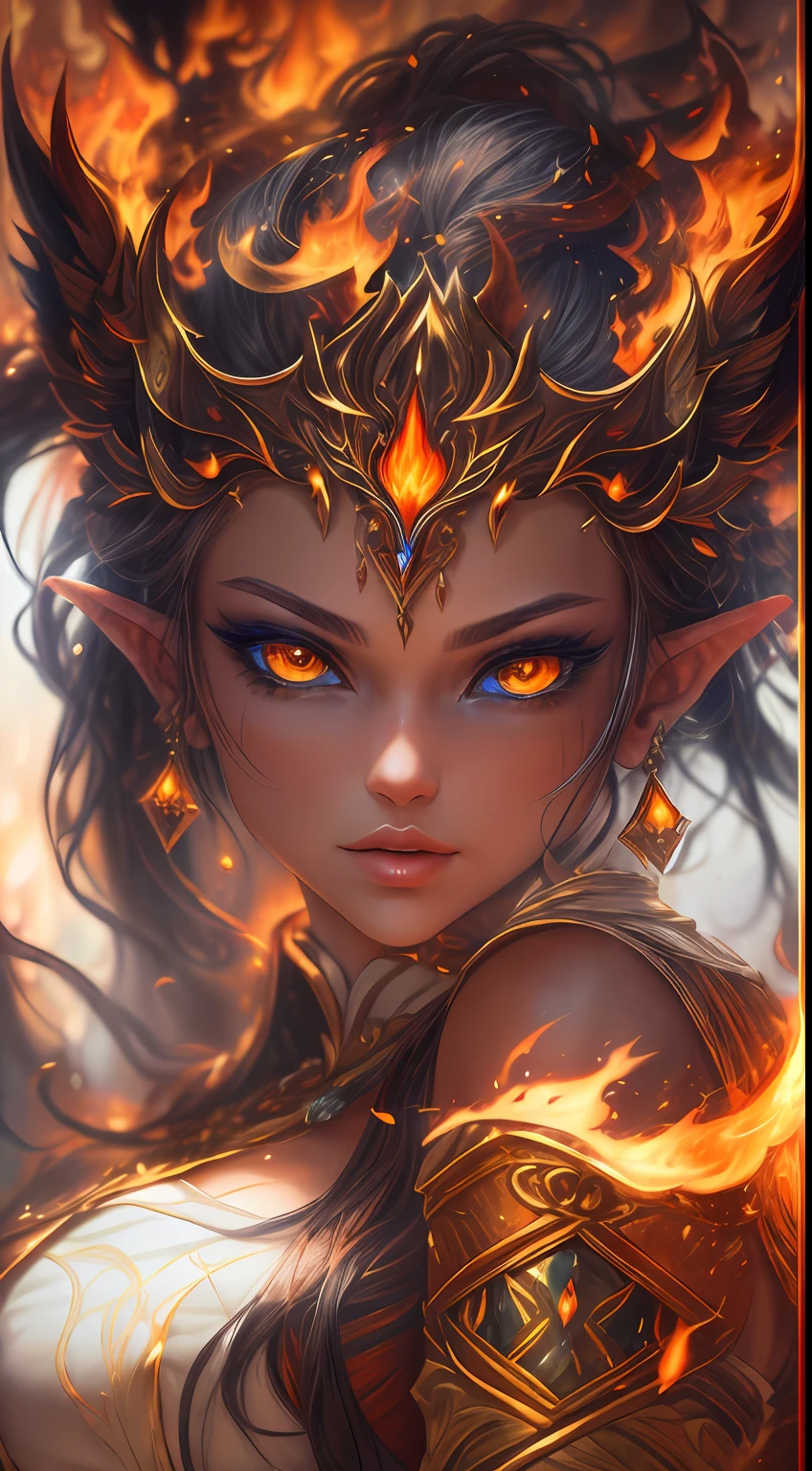 這 (現實幻想) 藝術包含餘燼, 真正的火焰, 真正的熱量, 和現實的火. Generate a masterpiece artwork of a  female fire druid 和 large (((橙色和金色))) 眼睛. The fire druid is awe-inspiring 和 beautiful ((realistic fiery 眼睛)) alight 和 confidence and power. 她的五官優雅且輪廓分明, 和 ((柔軟而浮腫的嘴唇)), 精靈骨骼結構, 和真實的陰影. Her 眼睛 are important and should be the focal point of this artwork, 和 ((極為真實的細節, 宏觀細節, 和微光.)) 她穿著一件由逼真的火焰和珠寶製成的飄逸閃閃發光的連身裙，在火光下閃閃發光. 禮服錯綜複雜的衣身上佈滿了縷縷火焰和煙霧. 包括凹凸, 石头, 火紅的虹彩, 發光的餘燼, 絲綢、緞子和皮革, 有趣的背景, 以及濃重的奇幻元素. 相机: 利用動態構圖技術增強真實的火焰.
