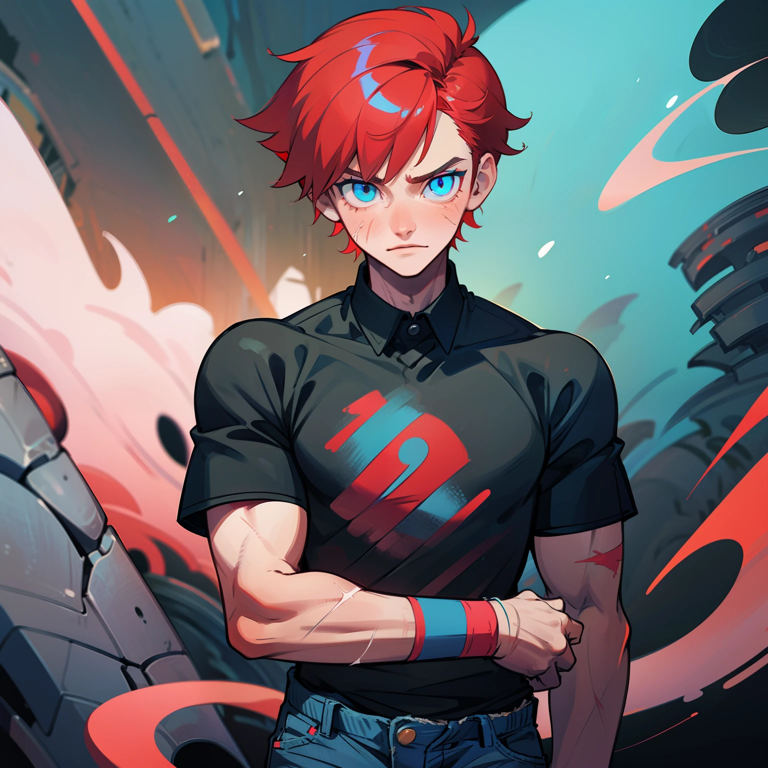 Anime guy with red hair and blue eyes standing in front of a wall - SeaArt  AI