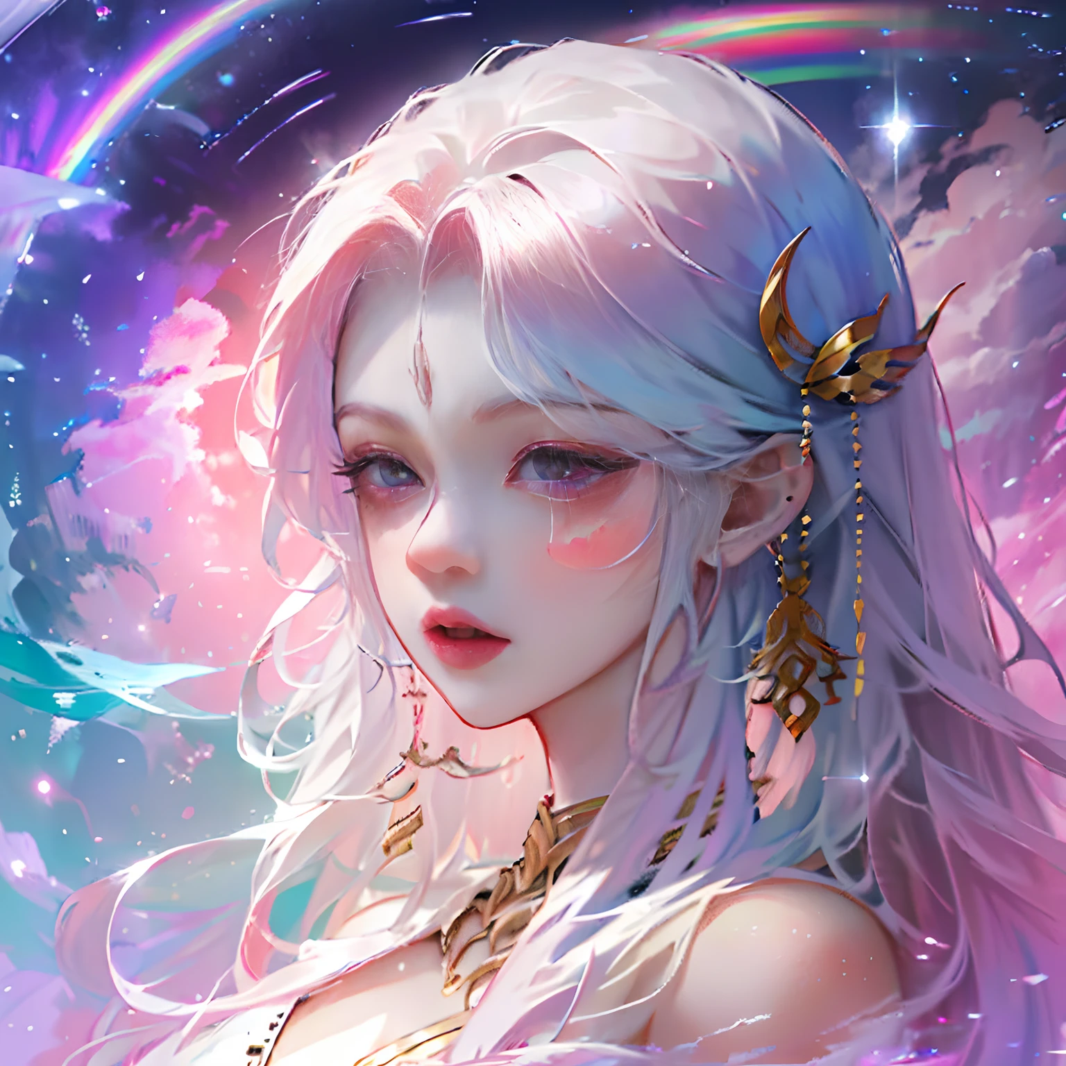 (Anime Girl + Long Hair + Portrait), (Color Hair + Rainbow: 1.5 + Cosmic Hair: 1.2), (Beauty + Fantasy + Anime Style), (8K Wallpaper: 1.2 + 4K Wallpaper: 1.1), (Anime Illustration + Art Style + Art Artwork)