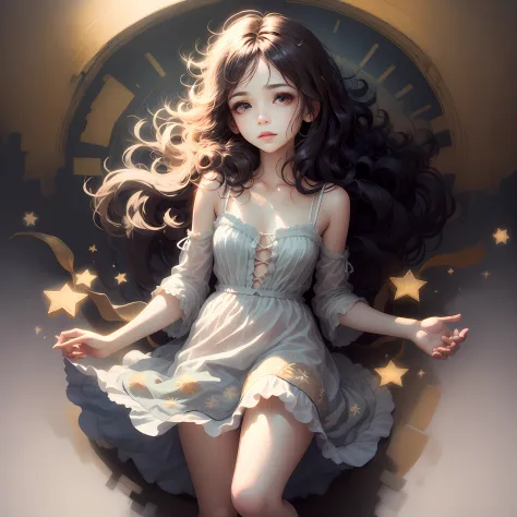 Love Star，Best quality，Masterpiece Two-dimensional girl，college aged，brunette color hair，黑The eye，Beautiful and delicate girl，Beauty in dreams，tmasterpiece，wears a white dress，Stylish outfits