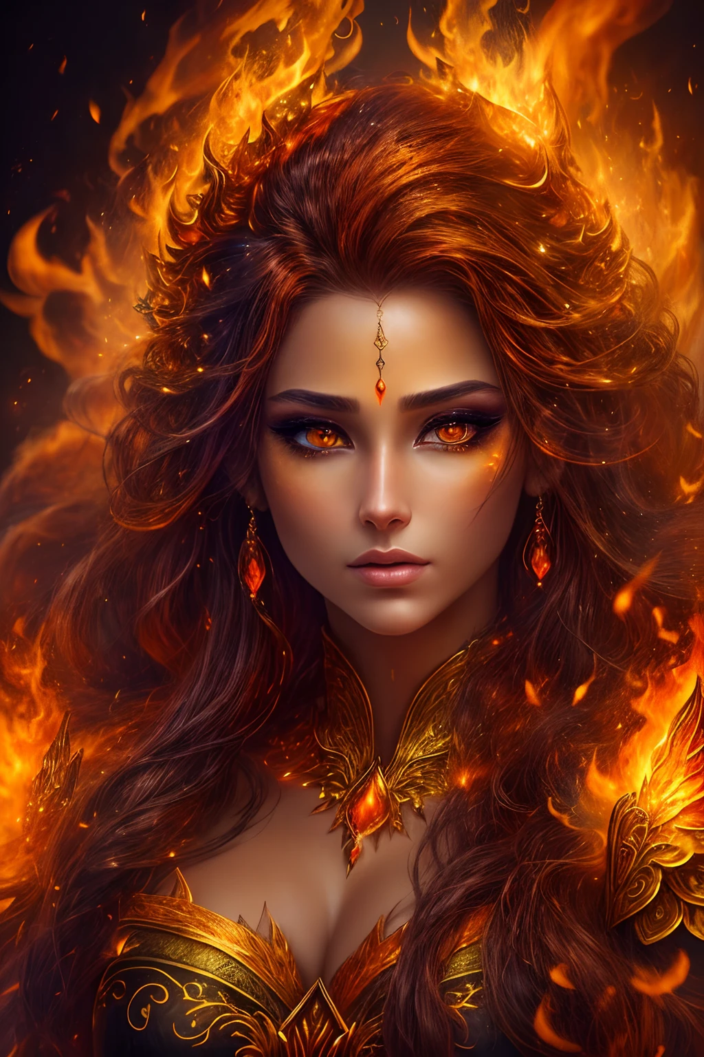 This (realistic fantasy) art contains embers, real flames, real heat, and realistic fire. Generate a masterpiece artwork of a  female fire druid with large (((orange and gold))) eyes. The fire druid is awe-inspiring with beautiful ((realistic fiery eyes)) alight with confidence and power. Her features are elegant and well defined, with ((soft)) and (((puffy))) and (((smooth))) lips, elven bone structure, and realistic shading. Her eyes are important and should be the focal point of this artwork, with ((extremely realistic details, macro details, and shimmer.)) She is wearing a billowing and glittering dress made of realistic flames and jewels that glimmer in the fire light. Wisps of fire and smoke line the intricate bodice of the dress. Include bumps, stones, fiery iridescence, glowing embers, silk and satin and leather, an interesting background, and heavy fantasy elements. Camera: Utilize dynamic composition techniques to enhance the realistic flames.