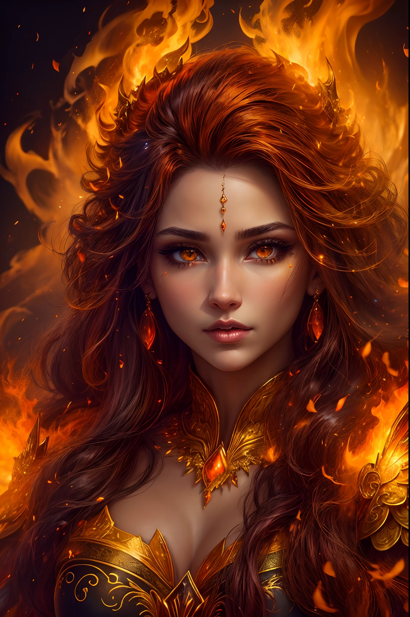 นี้ (แฟนตาซีที่สมจริง) ศิลปะประกอบด้วยถ่าน, เปลวไฟจริง, ความร้อนที่แท้จริง, และ realistic fire. Generate a masterpiece artwork of a  female fire druid กับ large (((orange และ gold))) ดวงตา. The fire druid is awe-inspiring กับ beautiful ((realistic fiery ดวงตา)) alight กับ confidence และ power. Her features are elegant และ well defined, กับ ((อ่อนนุ่ม)) และ (((อ้วน))) และ (((เรียบ))) ริมฝีปาก, โครงสร้างกระดูกของเอลฟ์, และ realistic shading. (((Her ดวงตา are important และ should be the focal point of this artwork))), กับ ((รายละเอียดที่สมจริงอย่างยิ่ง, รายละเอียดมาโคร, และ shimmer.)) She is wearing a billowing และ glittering dress made of realistic flames และ jewels that glimmer in the fire light. Wisps of fire และ smoke line the intricate bodice of the dress. รวมการกระแทก, หิน, แสงสีรุ้งที่เร่าร้อน, ถ่านเรืองแสง, silk และ satin และ leather, พื้นหลังที่น่าสนใจ, และ heavy fantasy elements. กล้อง: ใช้เทคนิคการจัดองค์ประกอบแบบไดนามิกเพื่อเพิ่มเปลวไฟที่สมจริง.