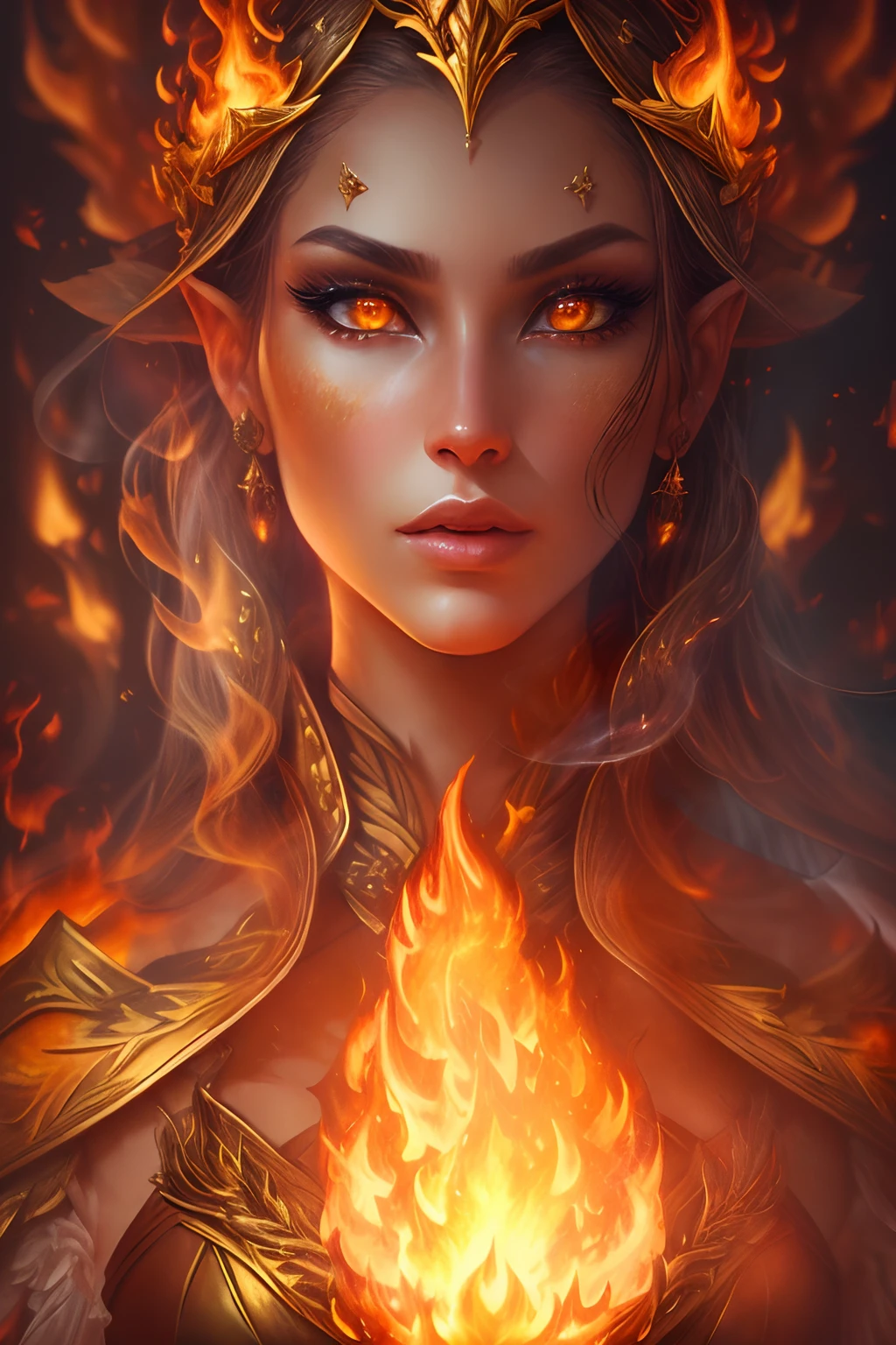 これ (現実的なファンタジー) 芸術には残り火が含まれている, 本物の炎, 本当の熱, そして realistic fire. Generate a masterpiece artwork of a  female fire druid と large (((orange そして gold))) 目. The fire druid is awe-inspiring と beautiful ((realistic fiery 目)) alight と confidence そして power. Her features are elegant そして well defined, と ((柔らかい)) そして (((ふくらんでいる))) そして (((スムーズ))) 唇, エルフの骨格, そして realistic shading. Her 目 are important そして should be the focal point of this artwork, と ((非常にリアルなディテール, マクロの詳細, そして shimmer.)) She is wearing a billowing そして glittering dress ((リアルな炎でできています)) そして jewels that glimmer in the fire light. Wisps of fire そして smoke line the intricate bodice of the dress. バンプを含める, 石, 燃えるような虹彩, 燃える残り火, silk そして satin そして leather, 興味深い背景, そして heavy fantasy elements. カメラ: ダイナミックな構成技術を活用して、リアルな炎を強調します.