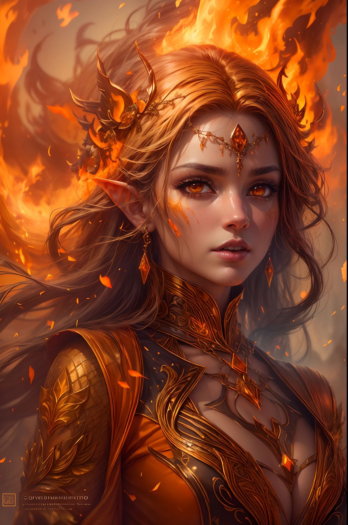 这 (现实的幻想) 艺术包含余烬, 真正的火焰, 真正的热量, 和 realistic fire. Generate a masterpiece artwork of a  female fire druid 和 large (((orange 和 gold))) 眼睛. The fire druid is awe-inspiring 和 beautiful ((realistic fiery 眼睛)) alight 和 confidence 和 power. Her features are elegant 和 well defined, 和 ((柔软的)) 和 (((蓬松))) 和 (((光滑的))) 嘴唇, 精灵骨骼结构, 和 realistic shading. (((Her 眼睛 are important 和 should be the focal point of this artwork))), 和 ((极其逼真的细节, 宏详细信息, 和 shimmer.)) She is wearing a billowing 和 glittering dress ((由逼真的火焰制成)) 和 jewels that glimmer in the fire light. Wisps of fire 和 smoke line the intricate bodice of the dress. 包括颠簸, 石头, 火红的彩虹色, 发光的余烬, silk 和 satin 和 leather, 有趣的背景, 和 heavy fantasy elements. 相机: 利用动态构图技术来增强火焰的真实感.