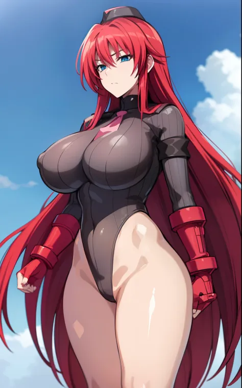 Rias gremory with huge breasts bigger than her head, wide hips and thick thighs wearing a dollsuit, rias is standing at attention facing the viewer, Her hair is long and red, she is standing at attention, she is wearing platform heels, the image is in stun...