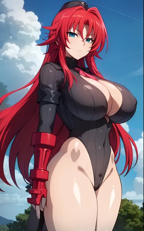 Rias gremory with huge breasts bigger than her head, wide hips and thick thighs wearing a dollsuit, rias is standing at attention facing the viewer, Her hair is long and red, she is standing at attention, she is wearing platform heels, the image is in stun...