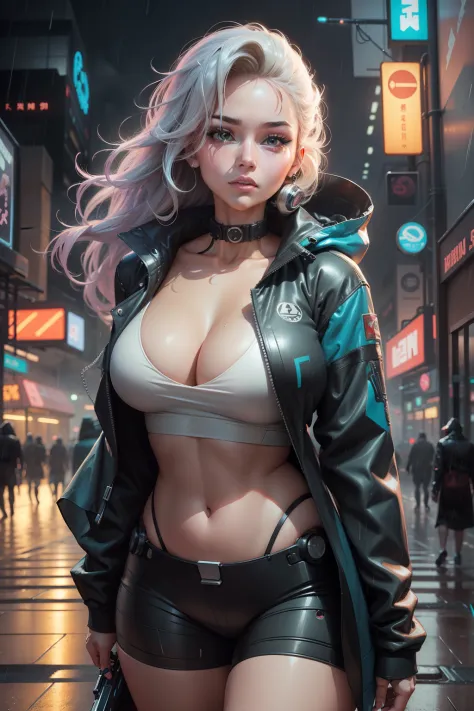 a beautiful, curvy and stunning robot woman named bean with a medium bust, walking in the rain, drawn in semi anime art style, cyberpunk robot