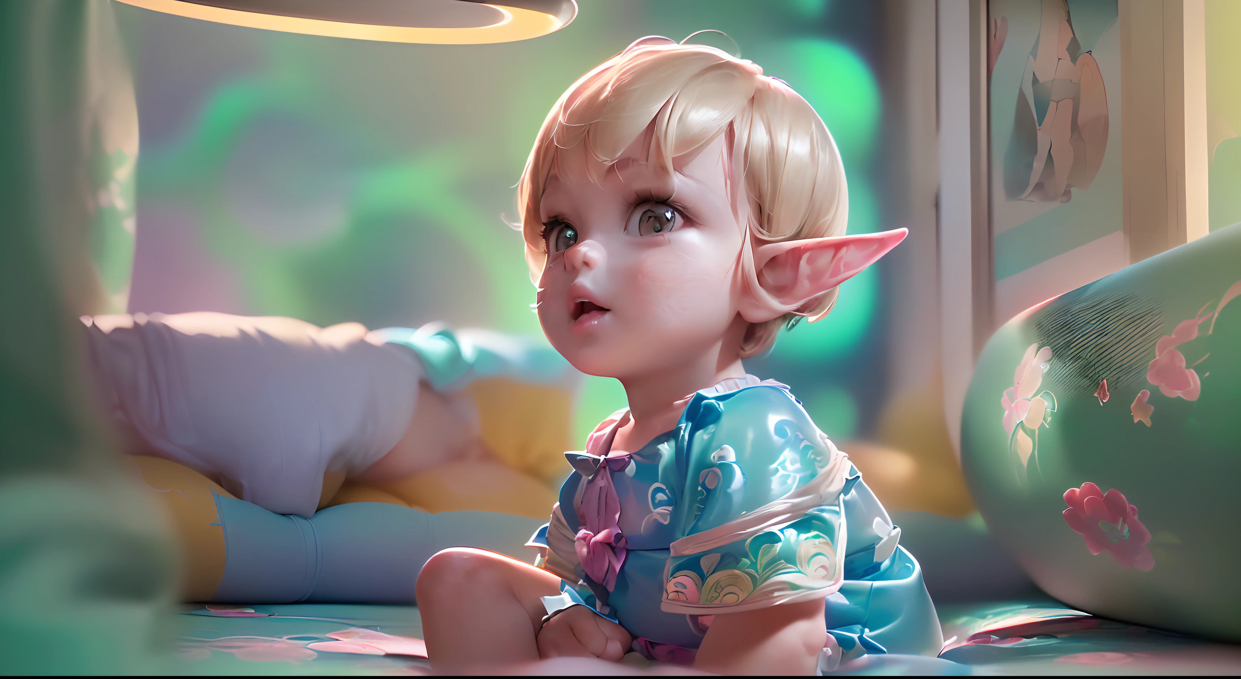 (Elven toddlers:1.2) (1kid:1.2) in a futuristic (diaper:1.2) commercial, (colorful lighting, bright colors:1.2) in a brightly colored futuristic (Children's room interior concept:1.2) background, (photorealistic:1.4),(((ultra detailed background, delicate pattern, intricate detail, highly detailed, fine details)),((skindentation)), (bright studio lighting:1.2), depth of field, bokeh, 4K, HD