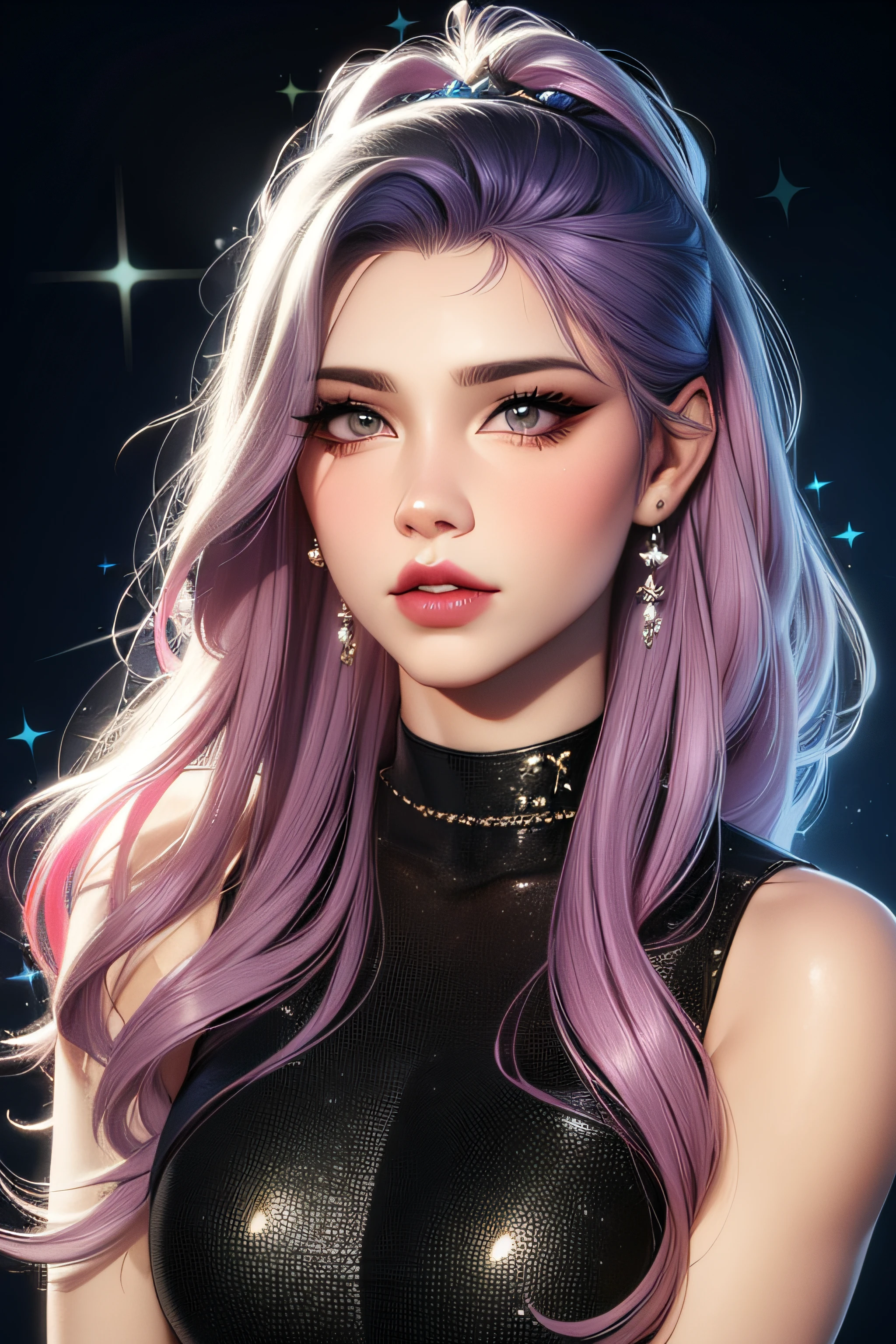 master part, melhor qualidade, cabelo longo, rainbow hair, large eyelashes, olhos ultra detalhados, mulher adulta, seios grandes, elfo, quadril largo, olhos detalhados, detailed hands, mistic, dark ilumination, misterioso, foice grande, vestido longo de seda com glitter