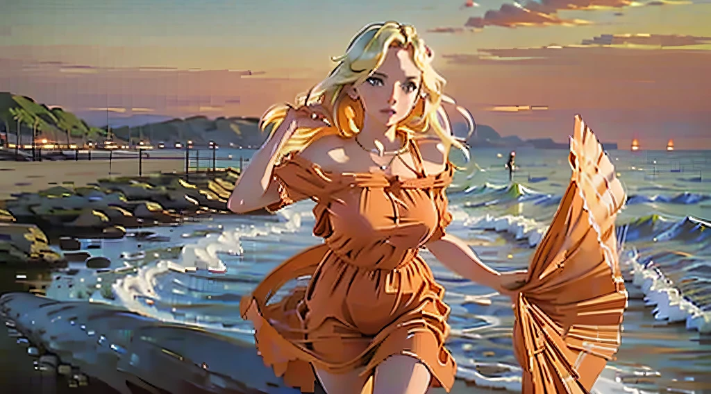 beautiful blonde girl standing on a beach, wearing red summer dress, sunset, hyper detailed, hyper realistic, 32K resolution, oil on canvas, oil painting by james gurney