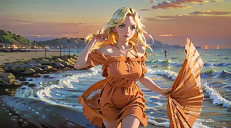 beautiful blonde girl standing on a beach, wearing red summer dress, sunset, hyper detailed, hyper realistic, 32k resolution, oi...