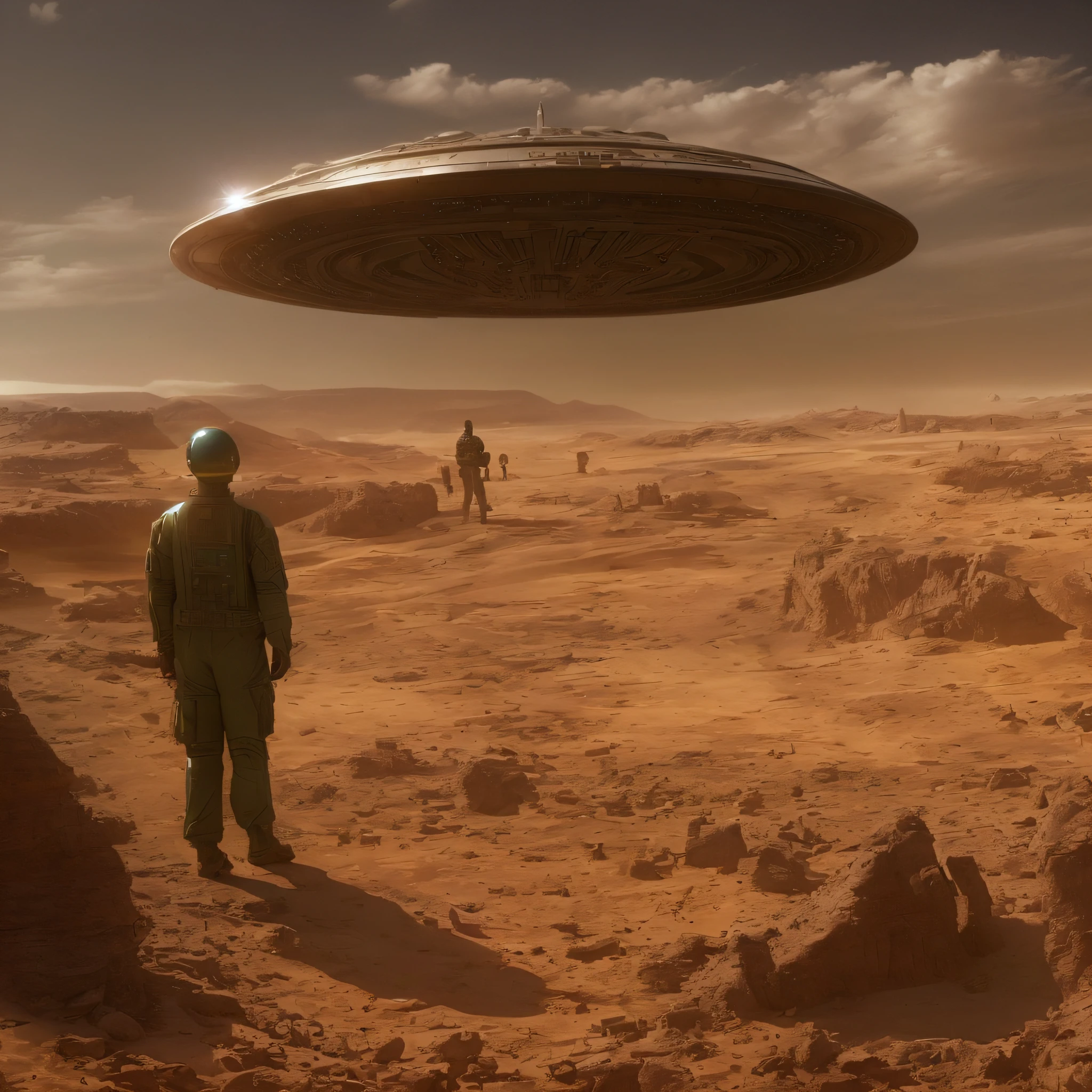 Raumschiff fliegt über einer Wüstenlandschaft mit einem Mann in Militäruniform, Stargate steht in der Wüste, dargestellt als Science-Fiction-Szene, bevölkert von Außerirdischen und Menschen, UFO-Landung, dramatisches Sci-Fi-Film-Standbild, Raumschiff auf einem ausgetrockneten Flussbett, Retro Sci - Bild von FI, ufo aliens, Ein episches SciFi-Filmstill, Raumschiff fliegt in der Ferne, Außerirdische erobern die Erde