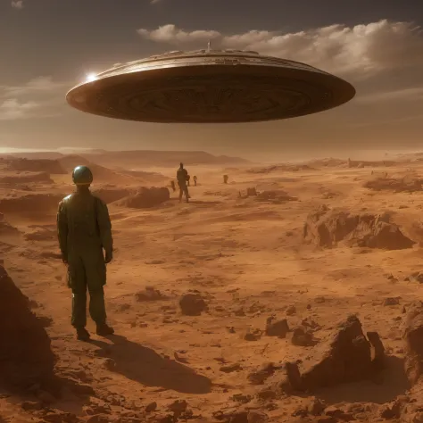 Spaceship flying over a desert landscape with a man in a military uniform, stargate standing in desert, depicted as a scifi scen...