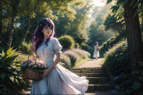 Close up of a girl ascending an slight slope through a forest. She holds a basket of flowers. Deep purple hair on the wind. Dark green eyes. Pink, white and blue conservative dressed. Rays of light filtering through the trees. Green trees intertwin their b...