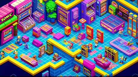 life is a game，full of arcade games、80s video store、sonic、blockbuster、1980s games、isometric cross-section of nostalgic and cool ...