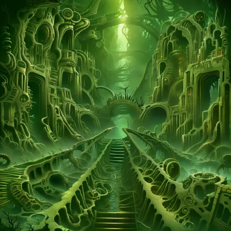 biomechanical hell, a madness landscape, a gateway and an abyss for the 4th dimension. Horror art, creepy illustration