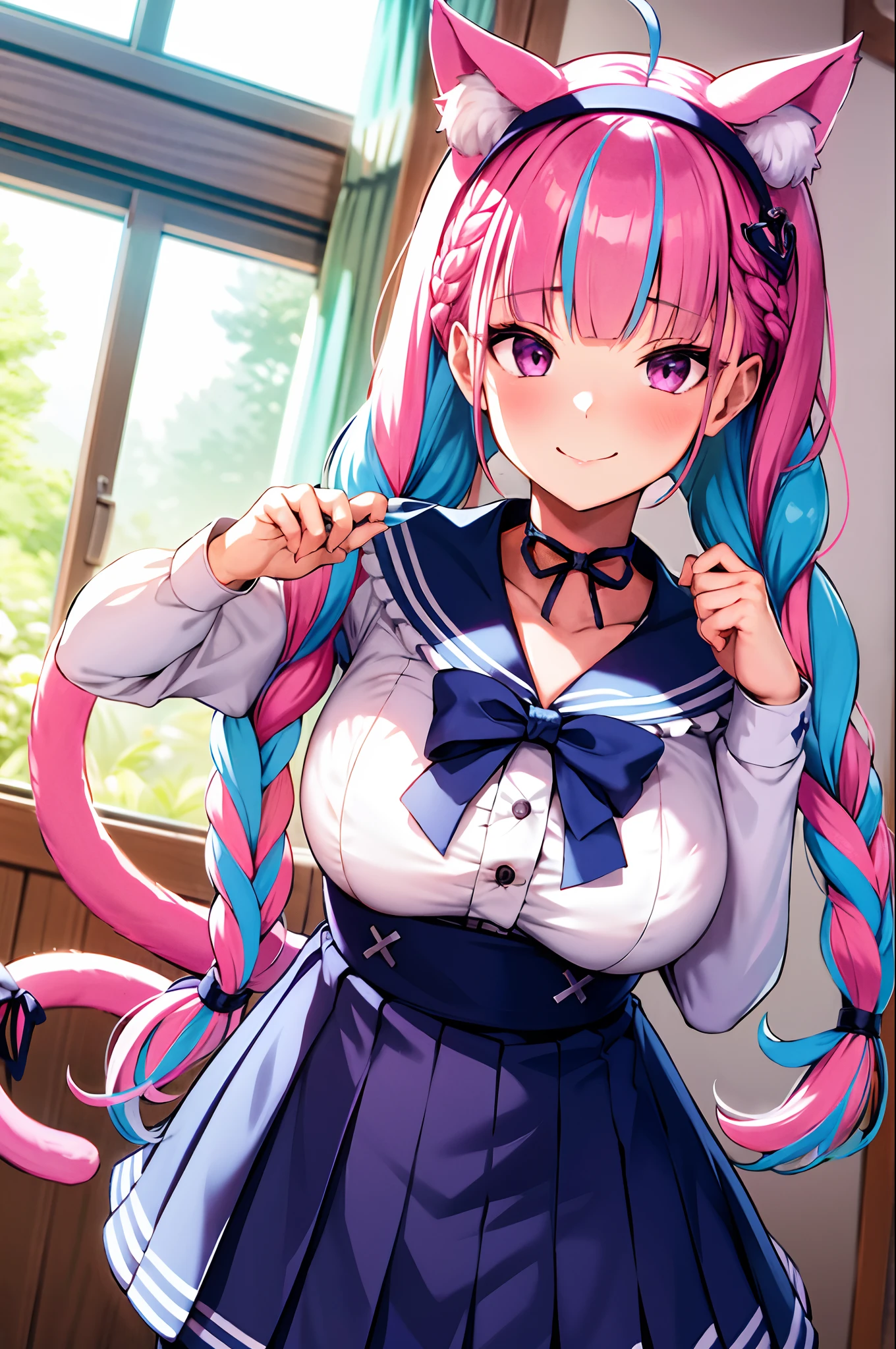 masterpiece, best quality, highres,  sidelighting, 1girl, minato aqua, virtual youtuber, tail, animal ears, cat ears, long hair, purple eyes, braid, ahoge, cat tail, skirt, multicolored hair, twin braids, blue hair,  two-tone hair, hairband, tail ornament, tail ribbon, pink hair, anchor hair ornament, ribbon, sailor collar, school uniform, pleated skirt, bow, cat girl, twintails, large breasts, bangs, upper body, smile,