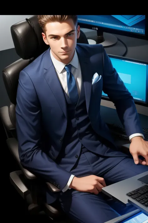 Wearing a suit, Sitting on a chair, Operating a computer, top-quality, hight resolution, 1080P, 16k