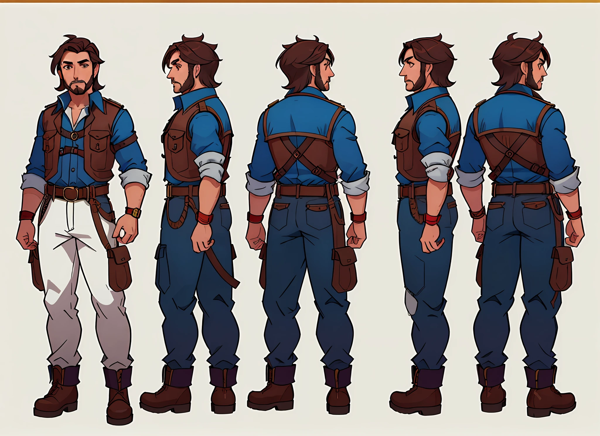 ((Character design Sheet, Same character, forehead, side, derriere)) character design,  comic style, adventurous man, disfraz de Indiana Jones, expert high detail concept art, steampunk design, steampunk style vest details, intricate details, Boots, pants, masculine, belt with tools,  rostro muy detalside. multiple views of the same character in the same outfit (15Charturn_longCap_d: .5), art by smoose2, analogue style, Modelshoot style