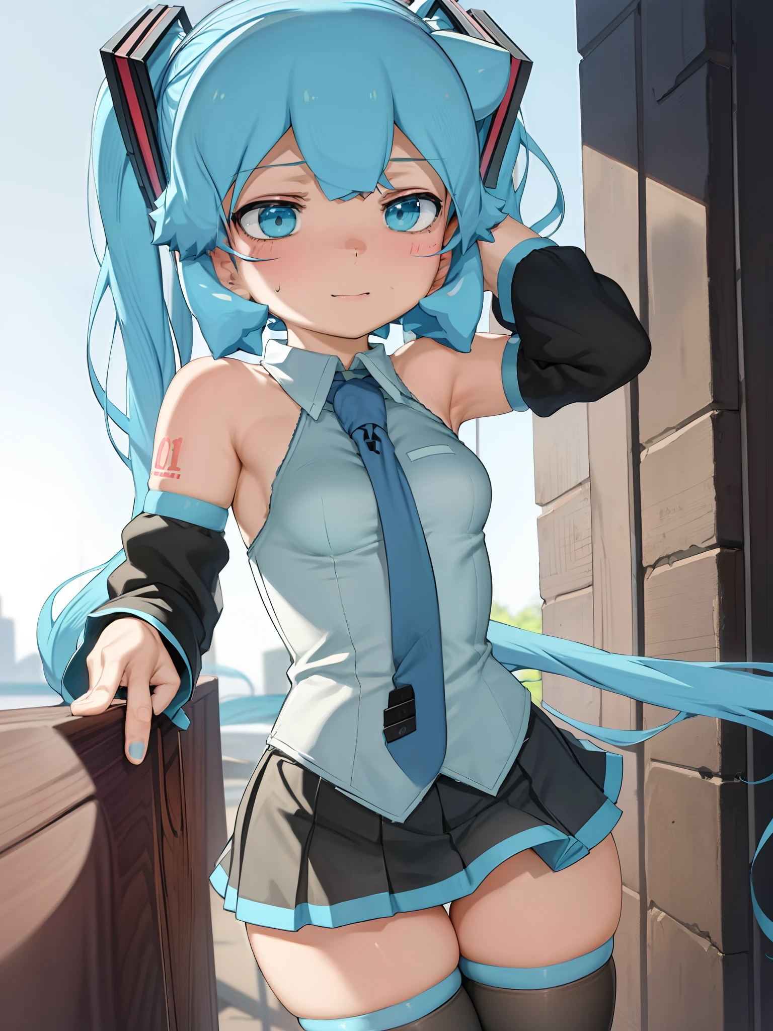 1fille, yeux aqua, cheveux aqua, Hatsune Miku, Chemise grise, manches détachées, Twintails, tatouage d&#39;épaule, cravate, cuissardes noires, jupe plissée