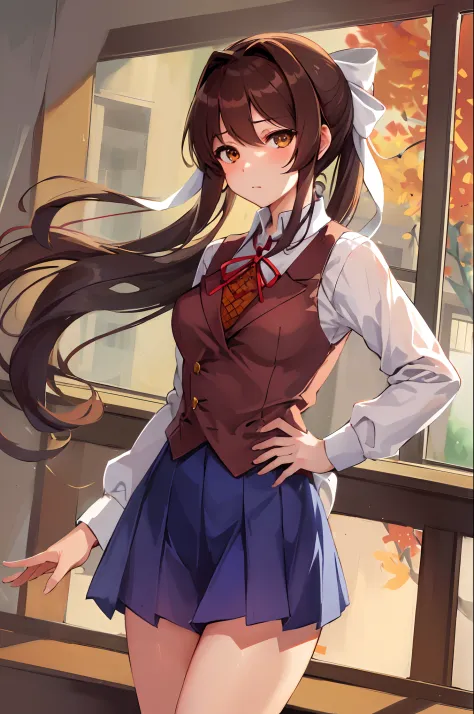 ​masterpiece, top-quality, animesque, ighly detailed, 1girl in, 独奏, 校服, is standing, ‎classroom, monica, verd s eyes, brown hair...