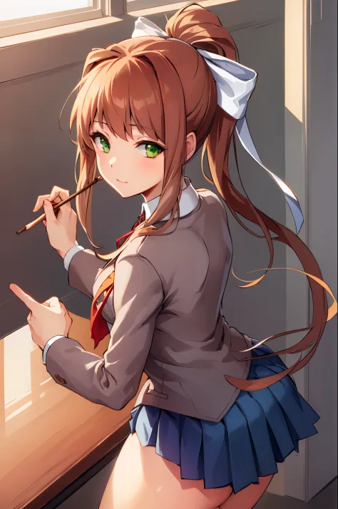 masterpiece, best quality, anime, highly detailed, 1girl, solo, school uniform, standing, classroom, monika, green eyes, brown h...
