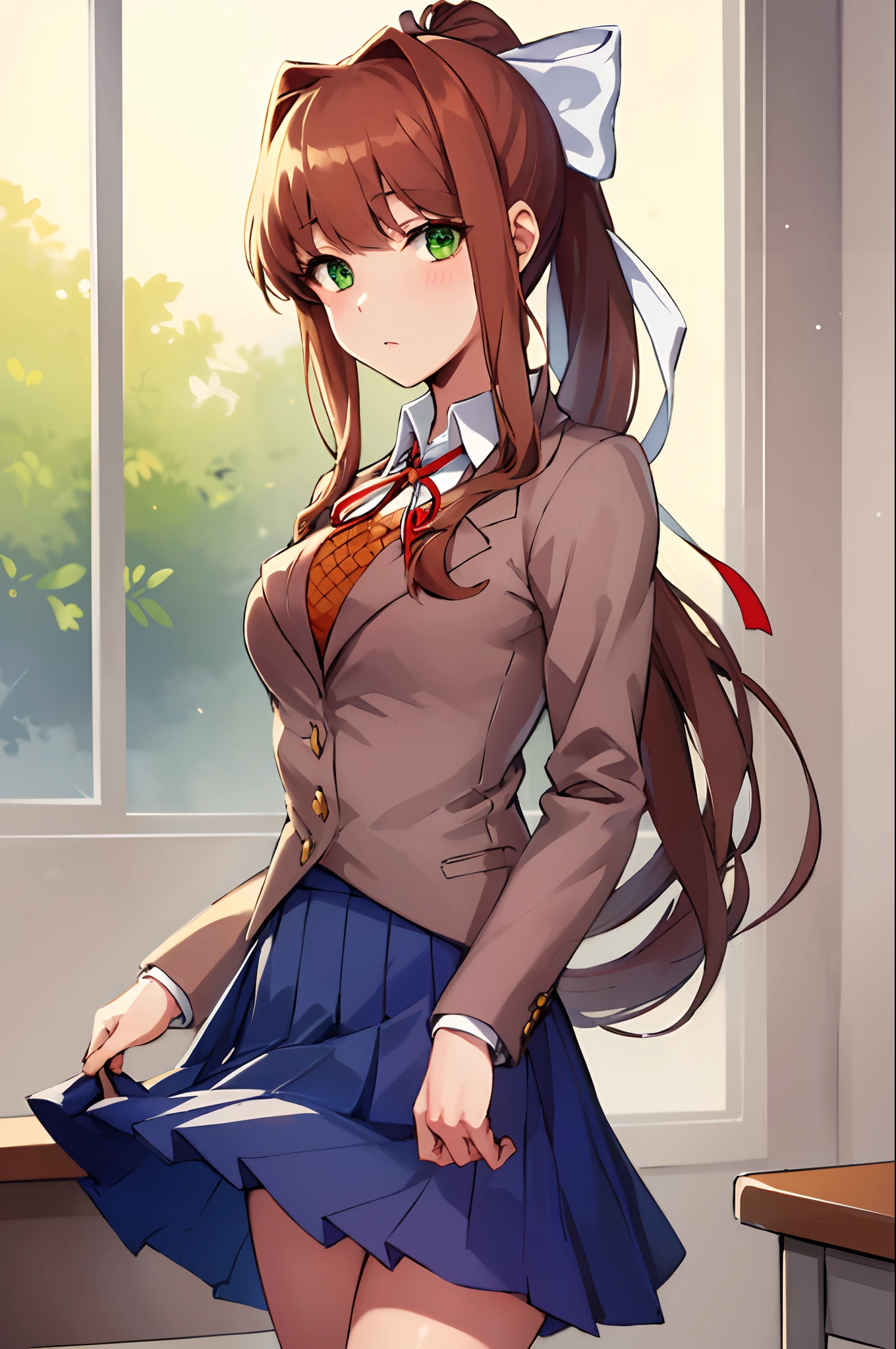 masterpiece, best quality, anime, highly detailed, 1girl, solo, , standing, classroom, monika, green eyes, brown hair, very long hair, ponytail, hair ribbon, white ribbon,