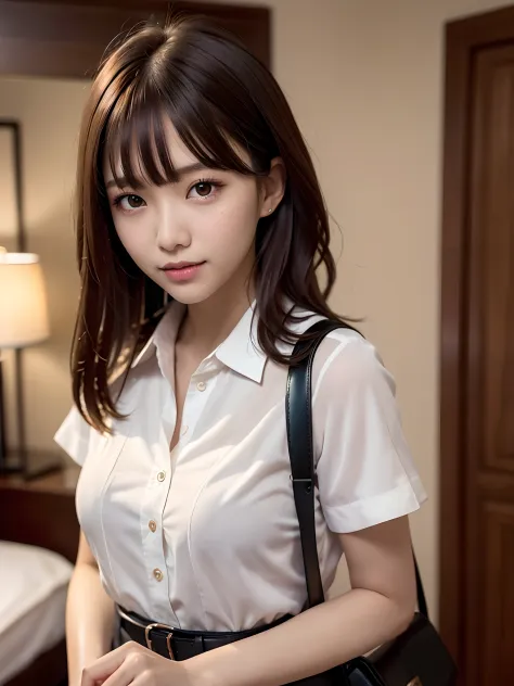 product quality, 1 girl per 1 photo, cowboy shot, front view, a Japanese young pretty girl, long bob hair, wearing a marriage ring, night time, wearing a short sleeves collared pink blouse, wearing light brown pants, a shoulder bag, standing in a bed room ...