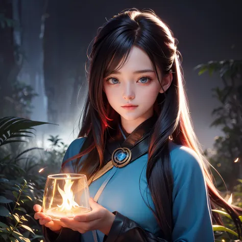 15 years old cute girl wearing long cloack and hud in the darkk forest, very long hair, blue and red hair, masterpiece, hyper realistic, 8k, bokeh, fireluminesence, lumineer, bioluminensence, surrounding with fog,