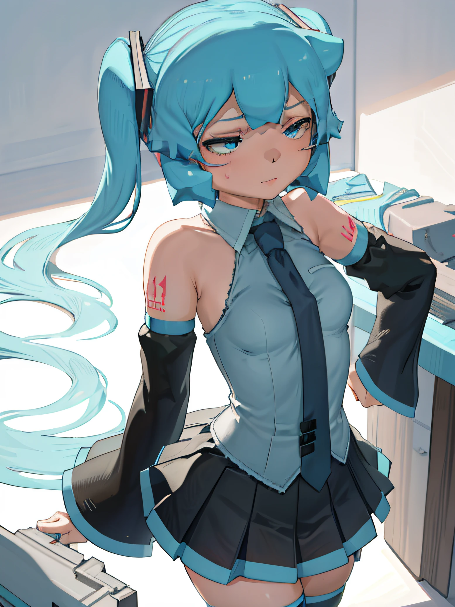 1girl, aqua eyes, aqua hair, hatsune miku, grey shirt, detached sleeves, twintails, shoulder tattoo, necktie, black thighhighs, pleated skirt