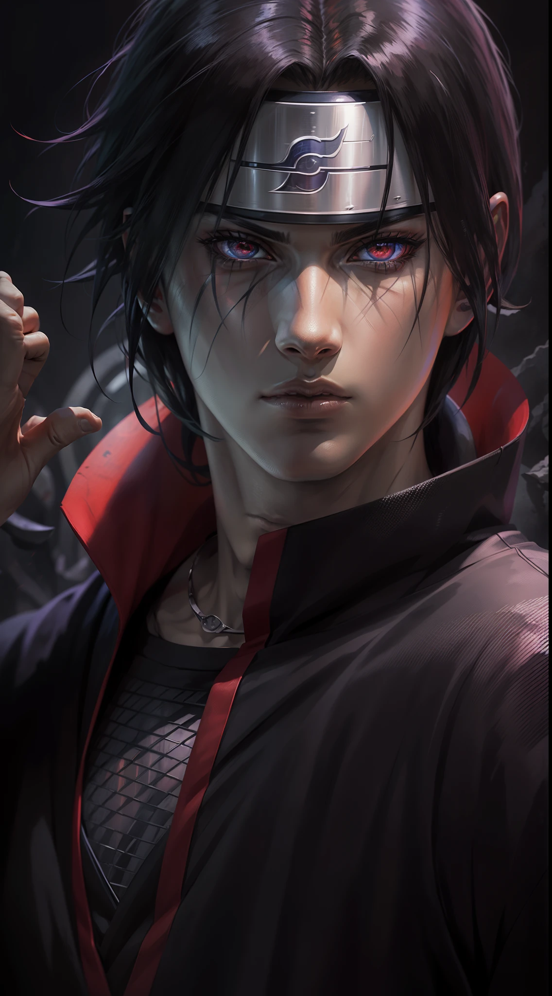 Sasuke personagem anime, Close-up, eyes black, Supercollorfull, 8k, dark style background with some rays